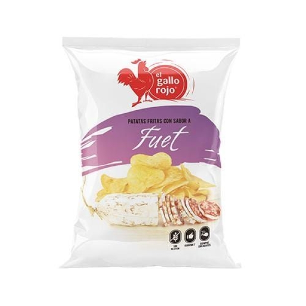 PAPAS FUET GALLO ROJO 120gr, Caja 10und