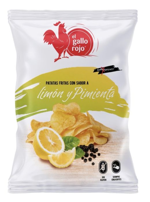 PAPAS LIMON Y PIMIENTA GALLO ROJO 100gr, Caja 10und